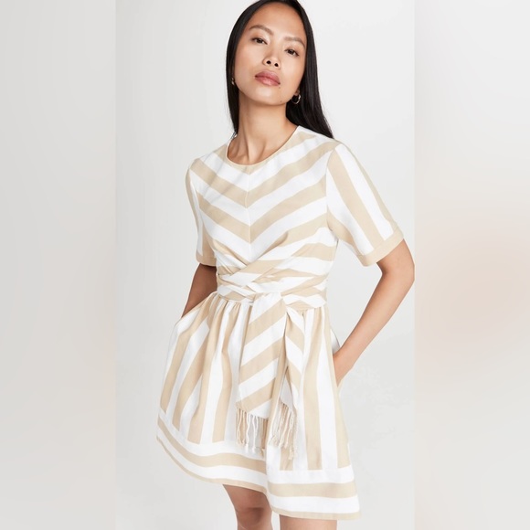 STAUD Hazelnut Stripe York Mini Dress With Pockets & Wrap Detail. Size XS. - Picture 3 of 16